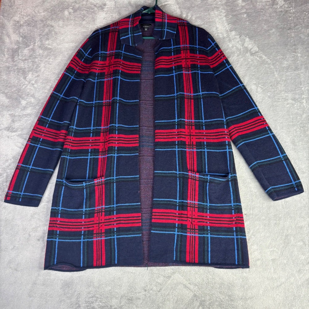 Talbots Cardigan Womens L Navy Blue Red Plaid Merino Wool Longline  Sweater